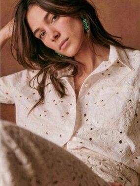 NWT SEZANE M/L Max Button Up Shirt in Embroidered Eyelet Ecru Ivory French Girl